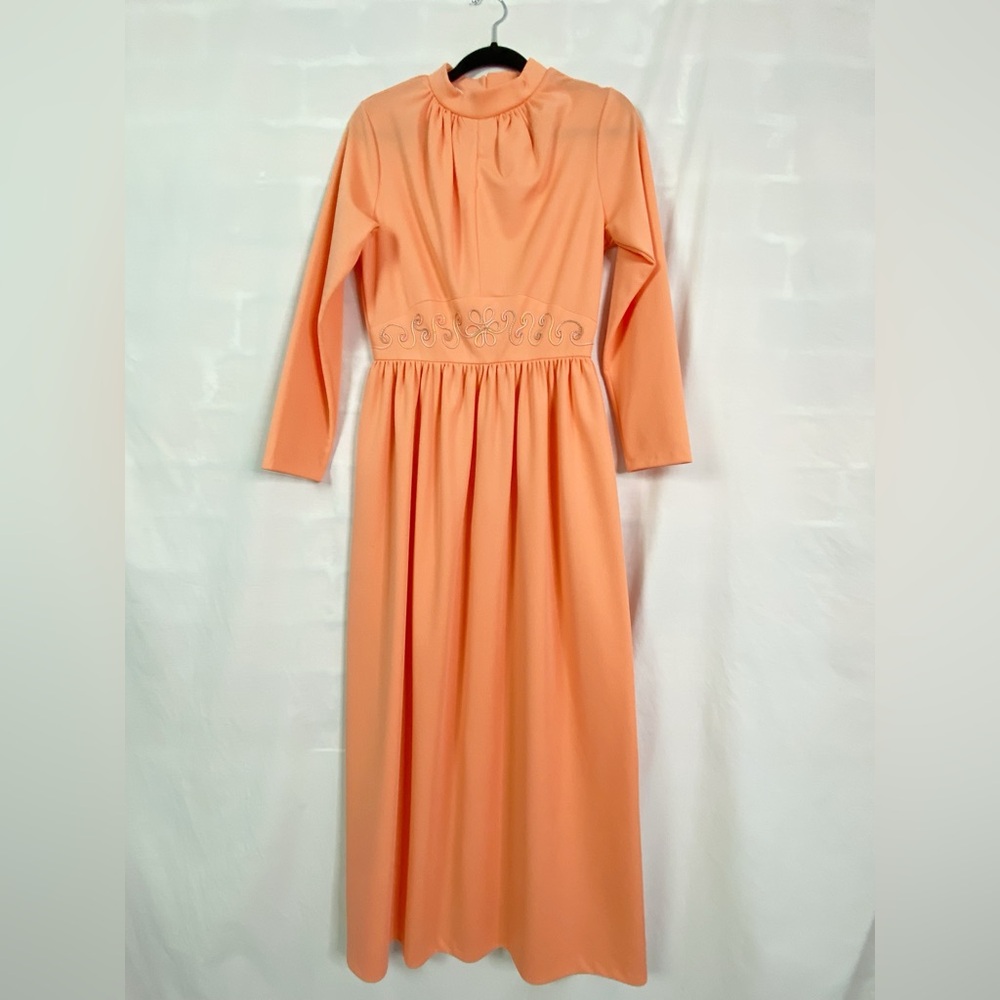Vintage Peach Orange Long Sleeve Maxi Dress Embroidered Empire Waist Med